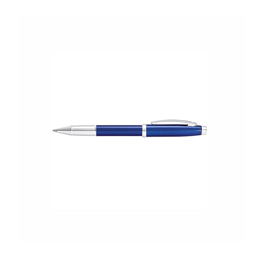 Blue pen with silver accents on a white background