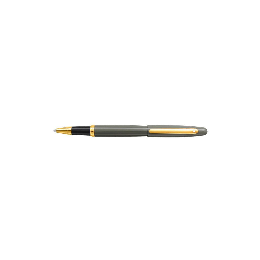 Grey rollerball pen with gold accents on white background