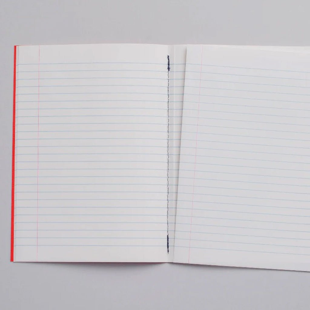 Lined notebook with page torn out on light background