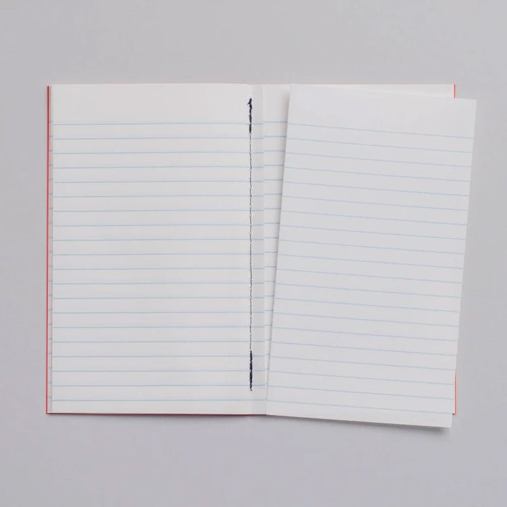 Lined notebook with page torn out on light background