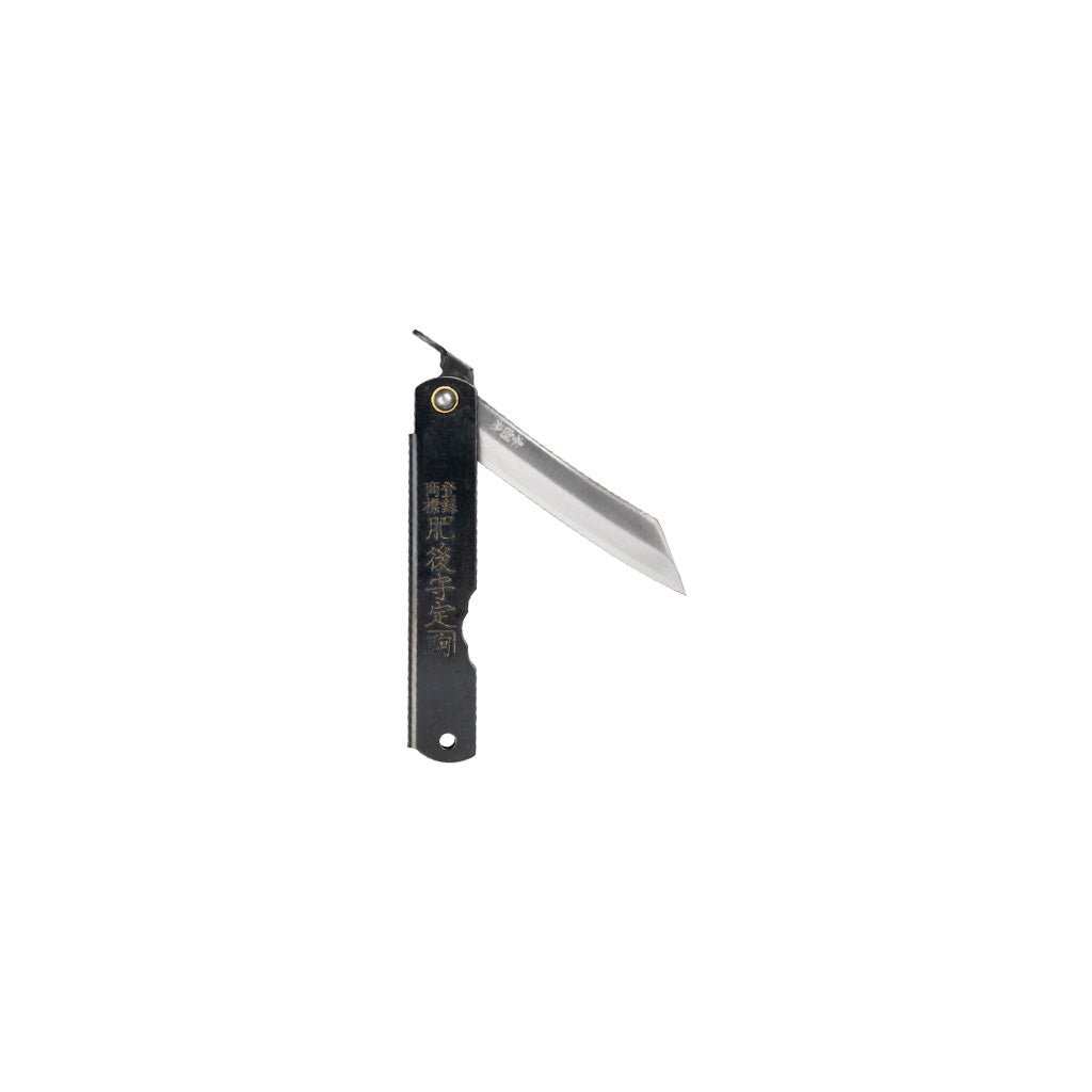 Black SK steel folding knife with a blade half folded down on a white background