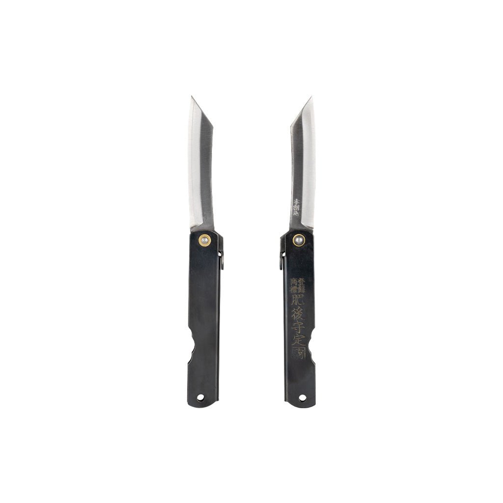 Black SK steel folding knife with a blade extended on a white background