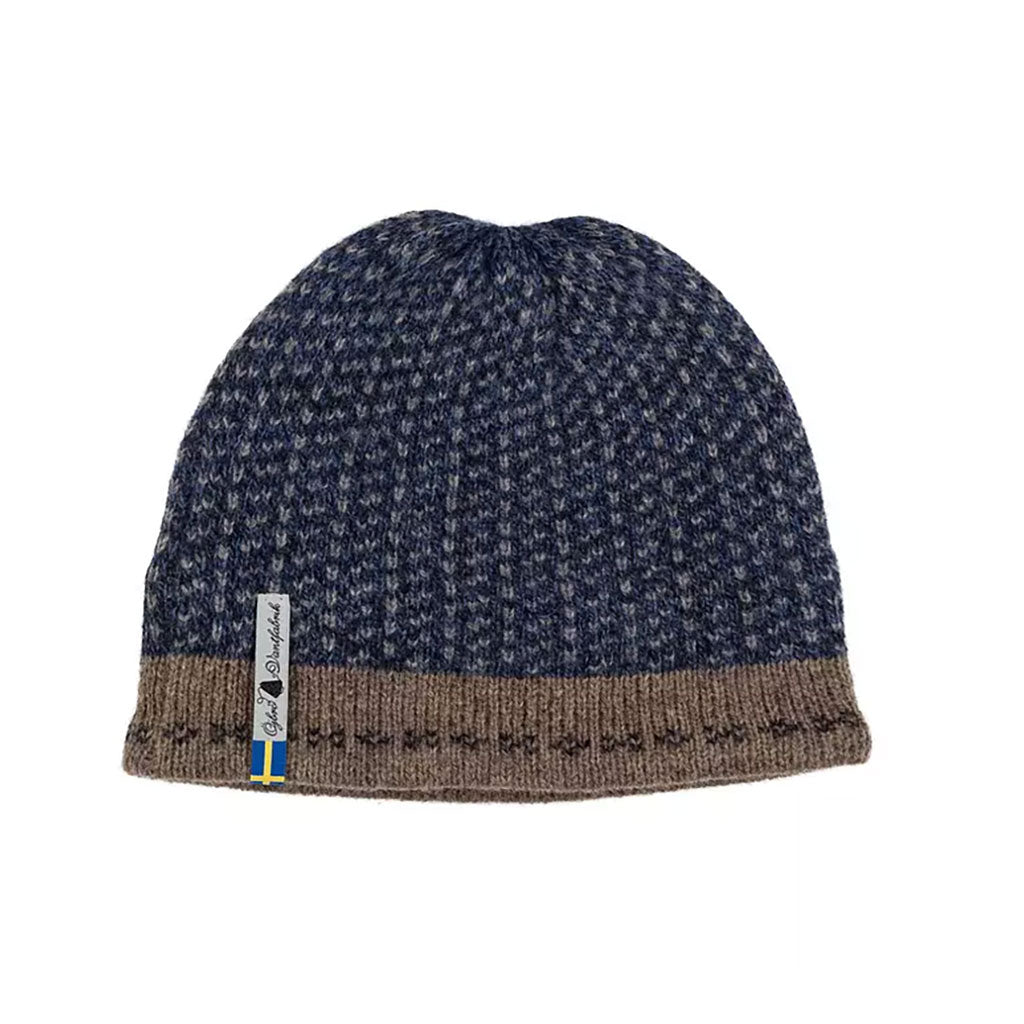 Knitted beanie with brown band and brand label on a white background