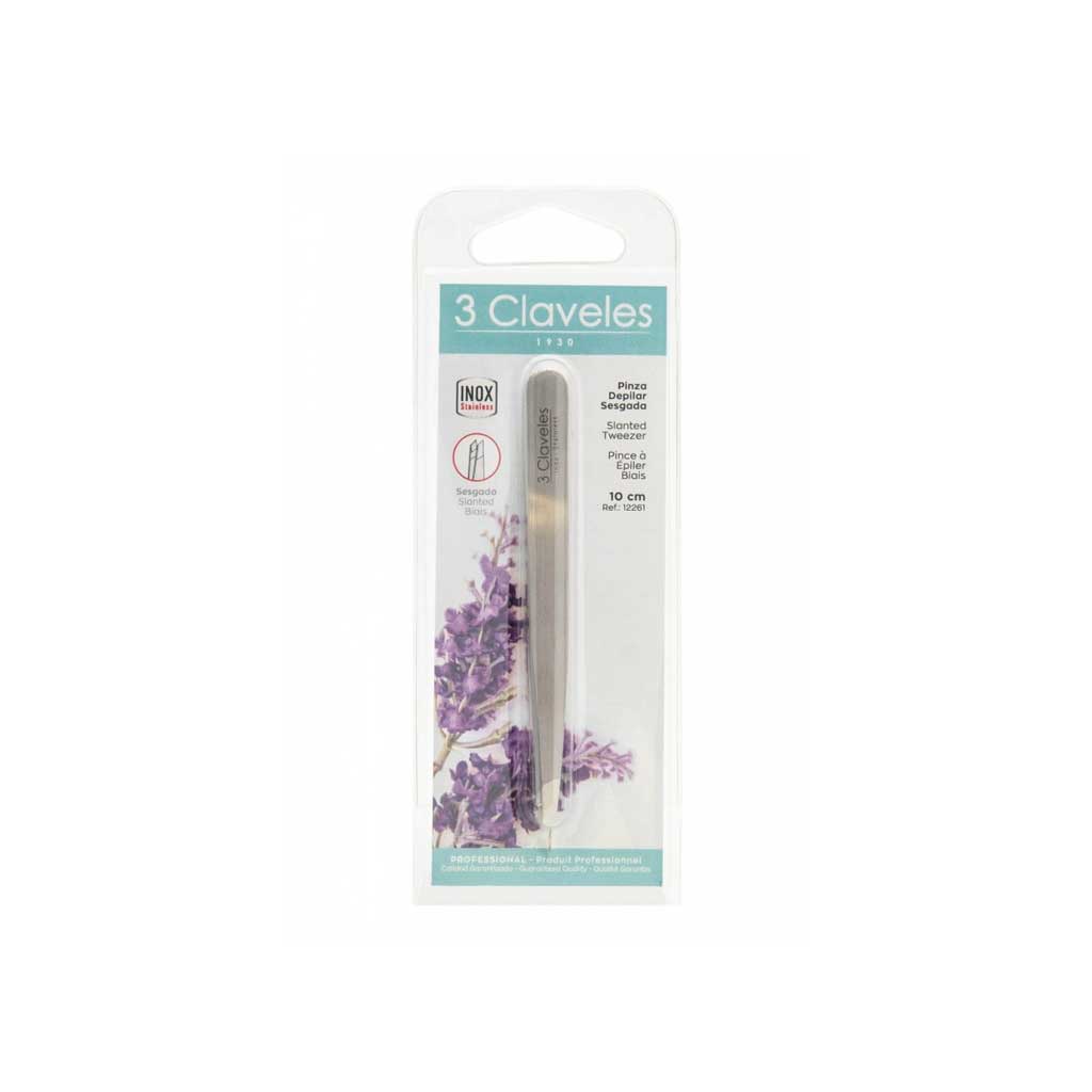 Packaging of 3 Claveles slanted tweezers with floral design on a white background