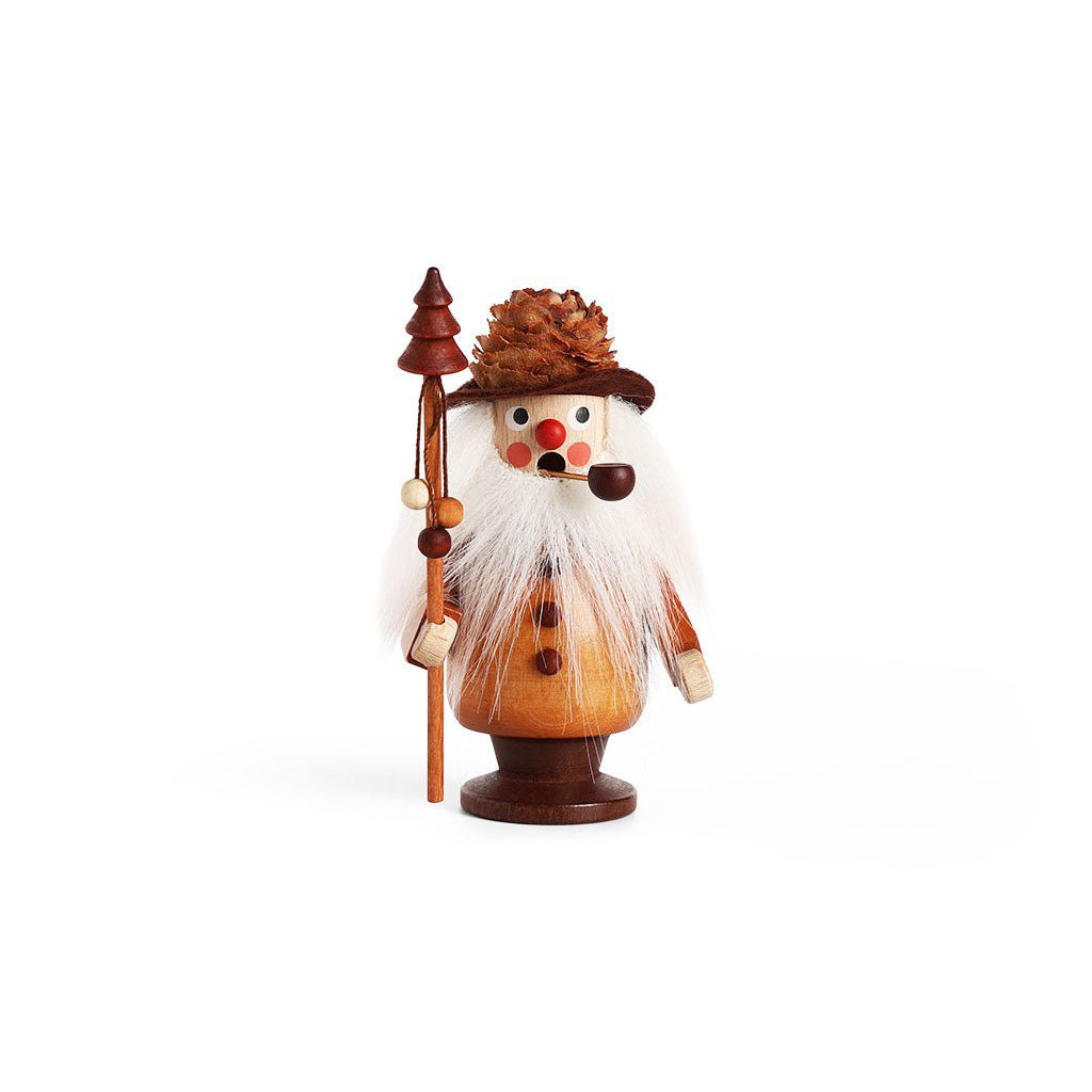 A handcrafted wooden forester incense burner figurine with a white beard, brown hat, and staff, standing on a white background.