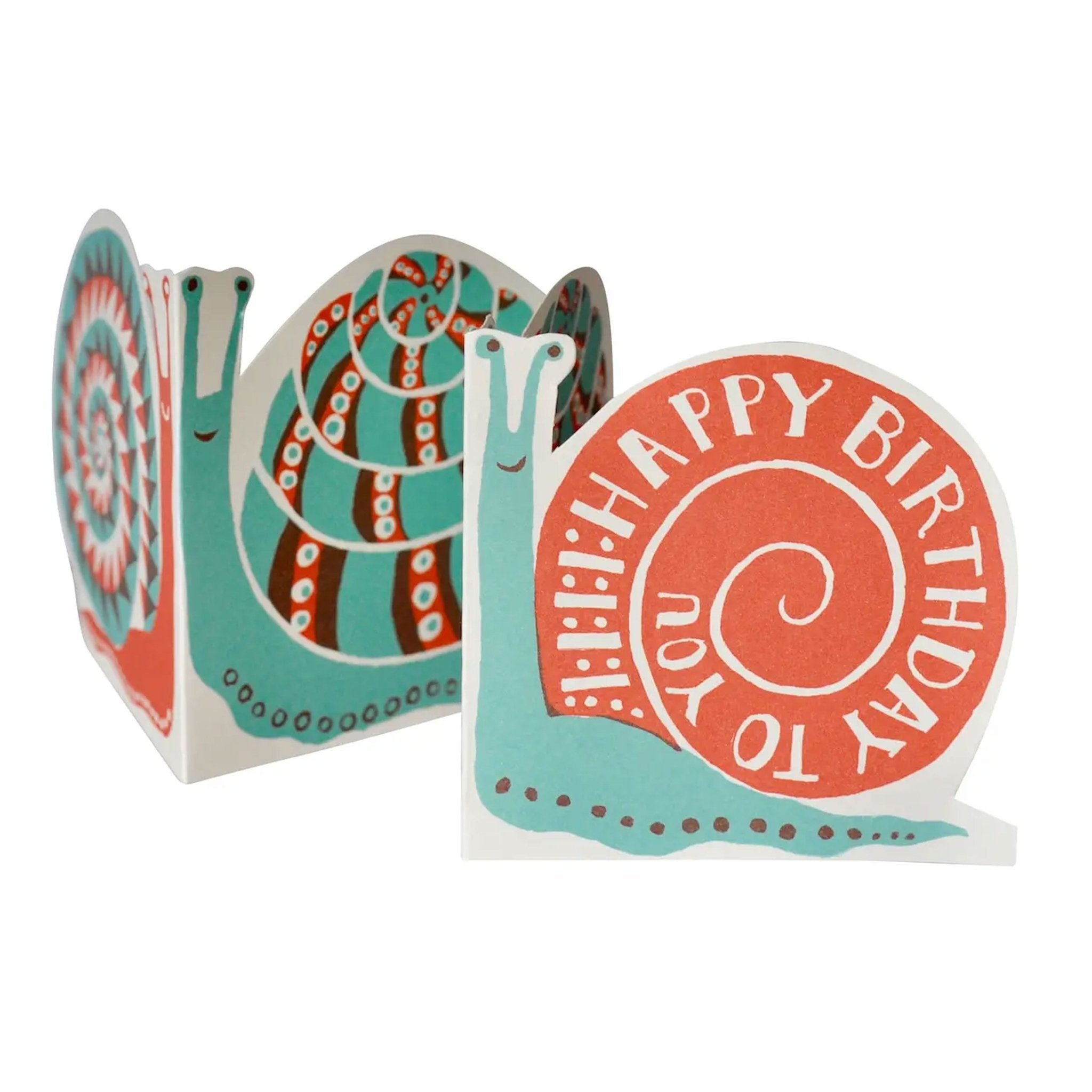Snail-shaped birthday card with text that reads happy birthday to you