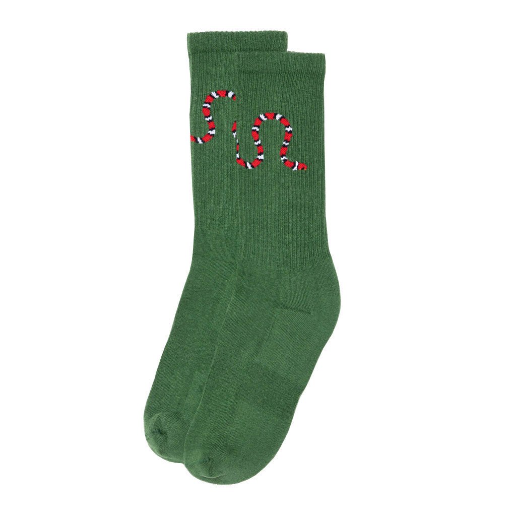 Green pair of socks with red and white milk snake wrapped around the ankles