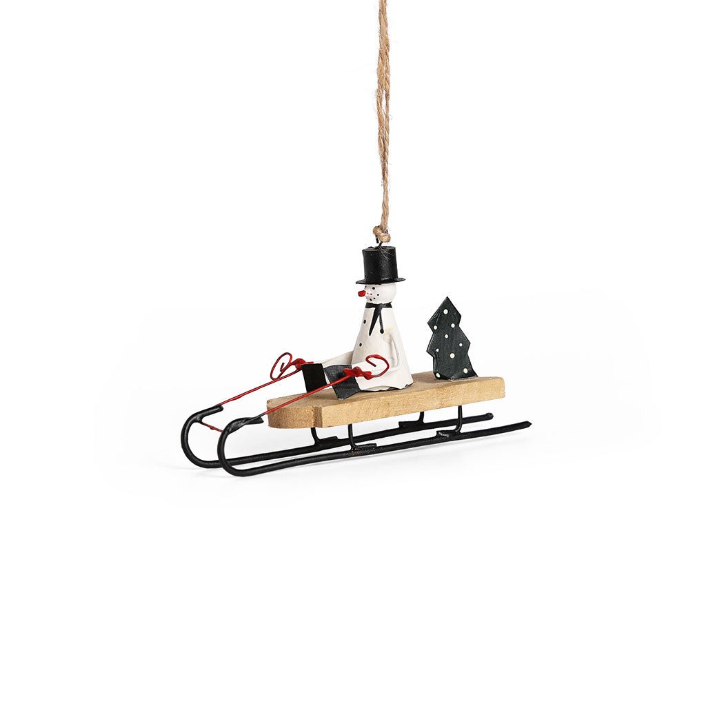 Snowman on Wooden Sled Ornament Boston General Store