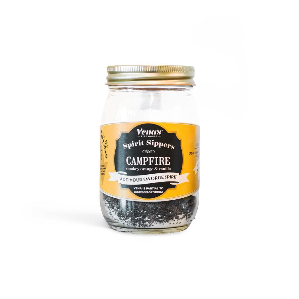 Jar of Vena's Spirit Sippers Campfire with a gold lid on a white background