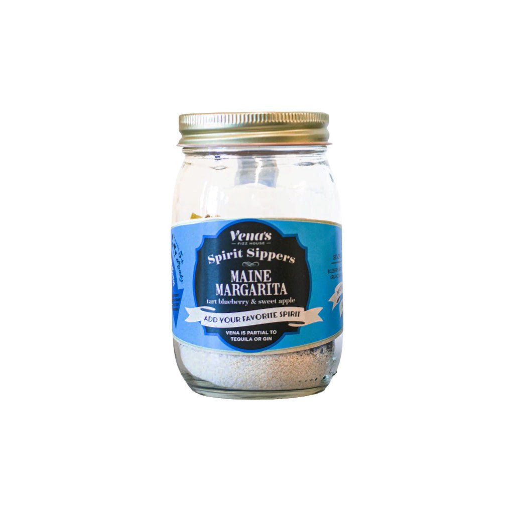 Jar of 'Maine Margarita' cocktail mix with a blue label on a white background