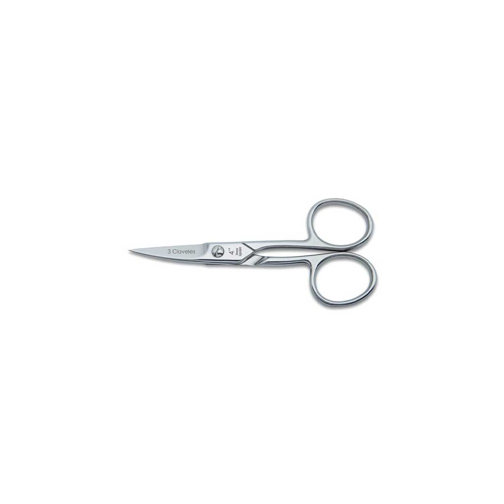Pair of stainless steel curved nail scissors on white background