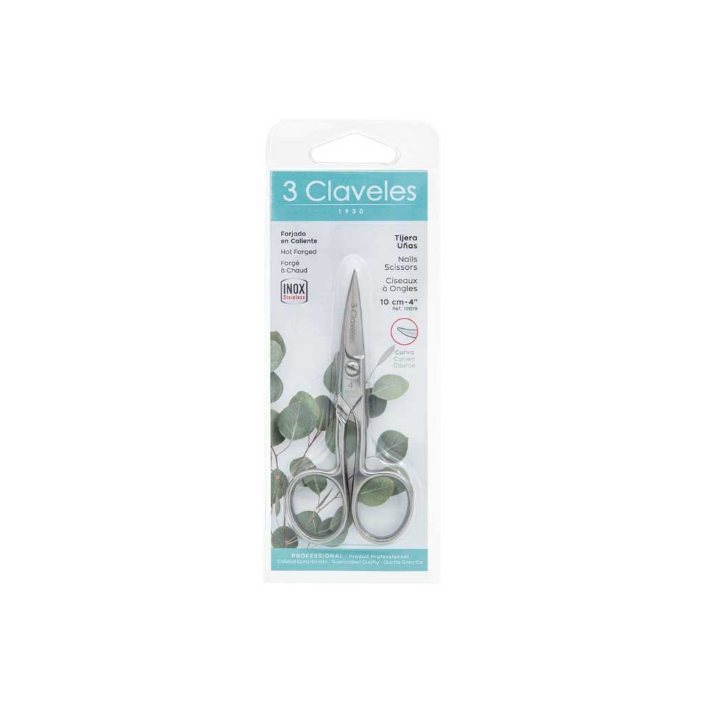 Stainless steel nail scissors in 3 Claveles packaging on white background