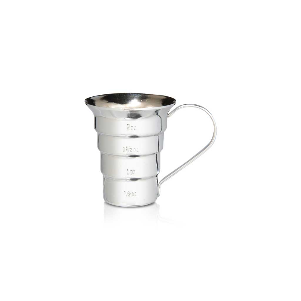 Stainless steel four-tiered stepped cocktail jigger with handle on white background