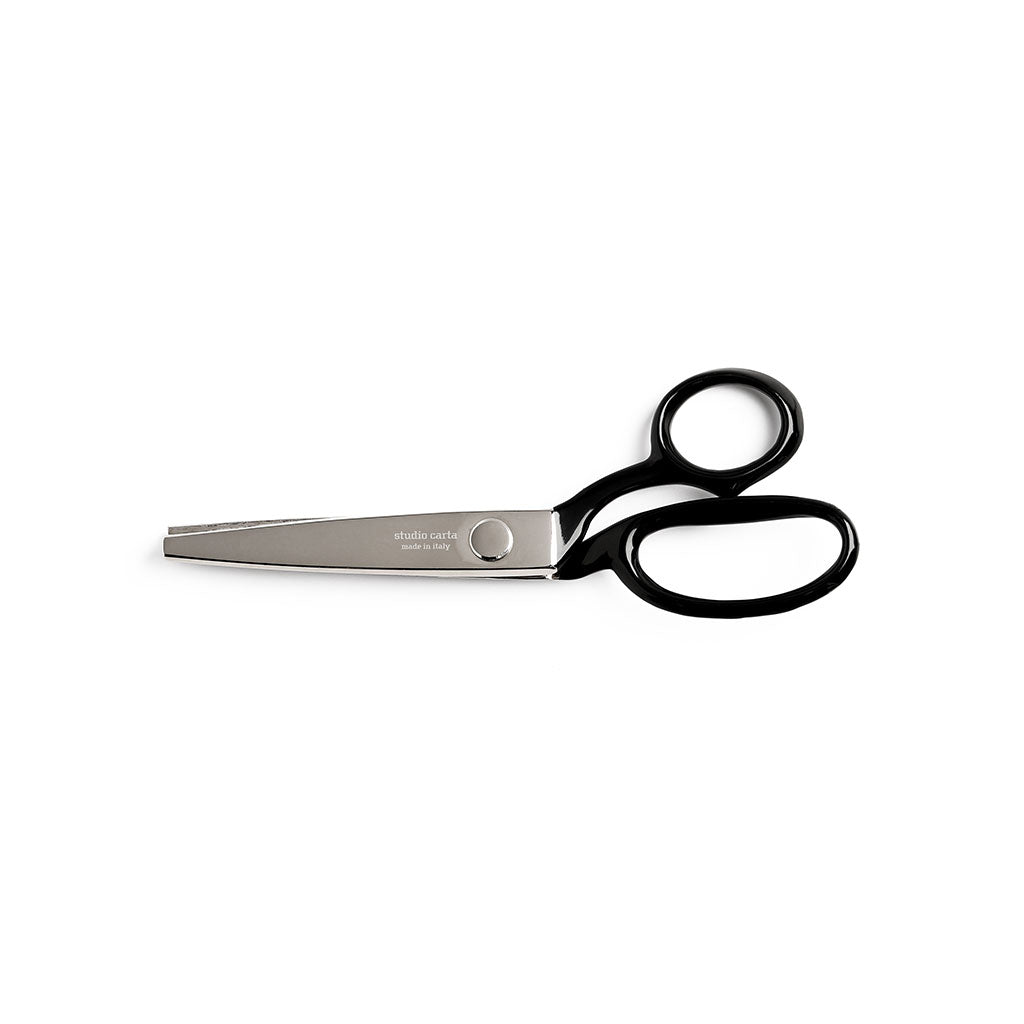Pinking shears with black handles and steel blades etched with the studio carta logo.