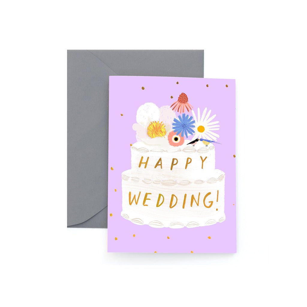 Greeting card with wedding cake, flowers and text that reads Happy Wedding!