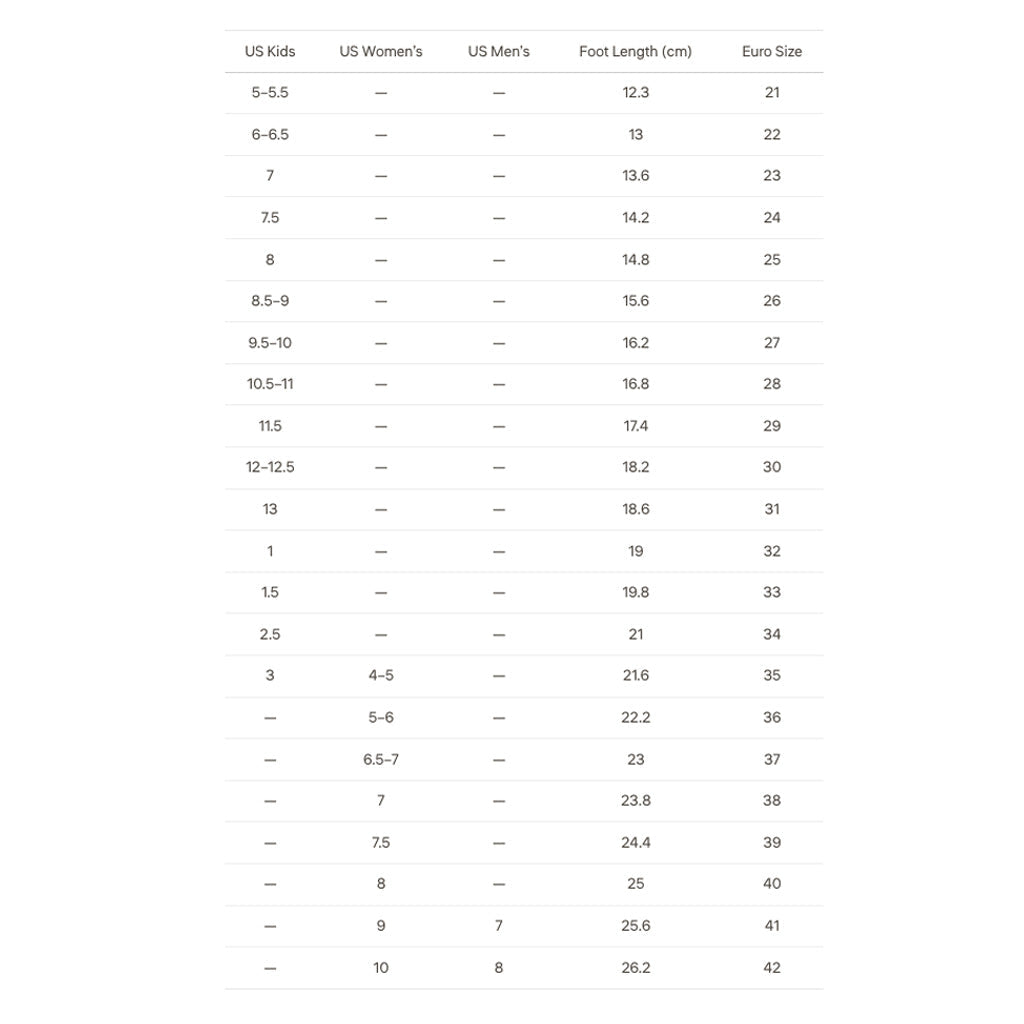 A size chart table showing US Kids, US Women's, US Men's, foot length in centimeters, and Euro Size ranging from 21 to 42.