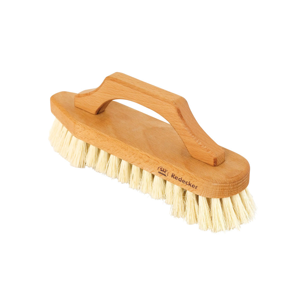 A wooden cleaning brush with a natural wood handle and cream-colored tampico bristles, shown on a plain white background.