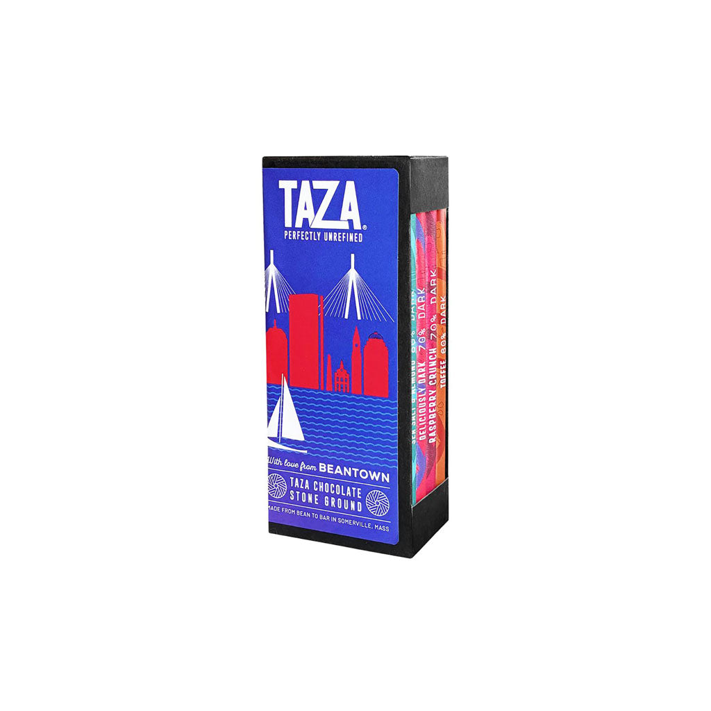 Bundle of four Taza Boston Beantown chocolate bars on white background