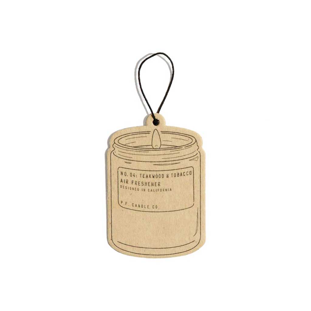 Air freshener tag with 'Teakwood & Tobacco' scent on a white background