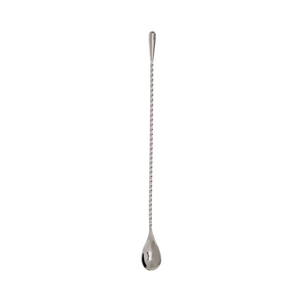 Silver teardrop-shaped barspoon with coiled handle on a white background