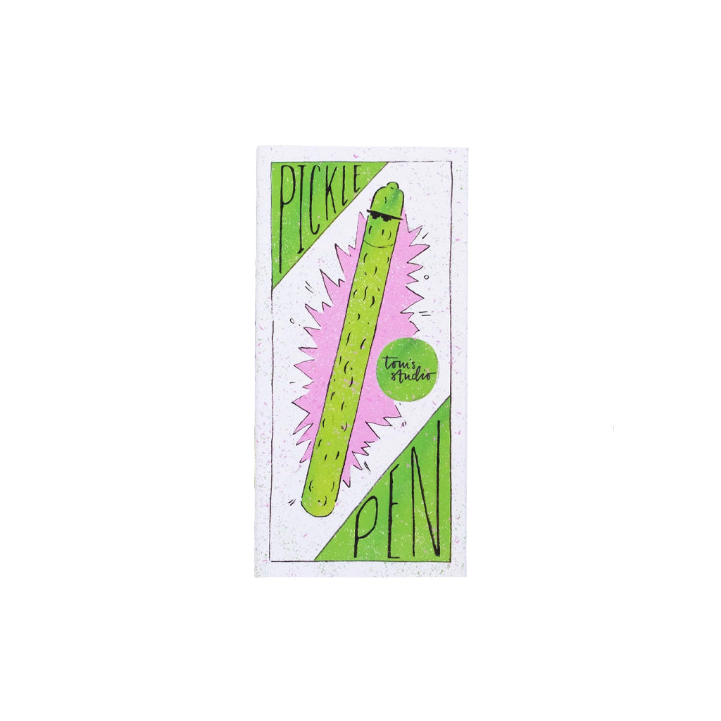 Packaging for Tom's Studio Ori Pickle Pen with novelty illustration on front against white background