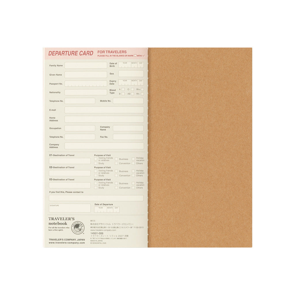 An open Traveler's Notebook refill departure card page on white background
