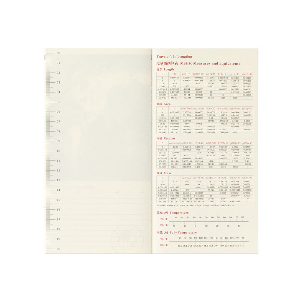 An open Traveler's Notebook refill with traveler's information sheet on white background