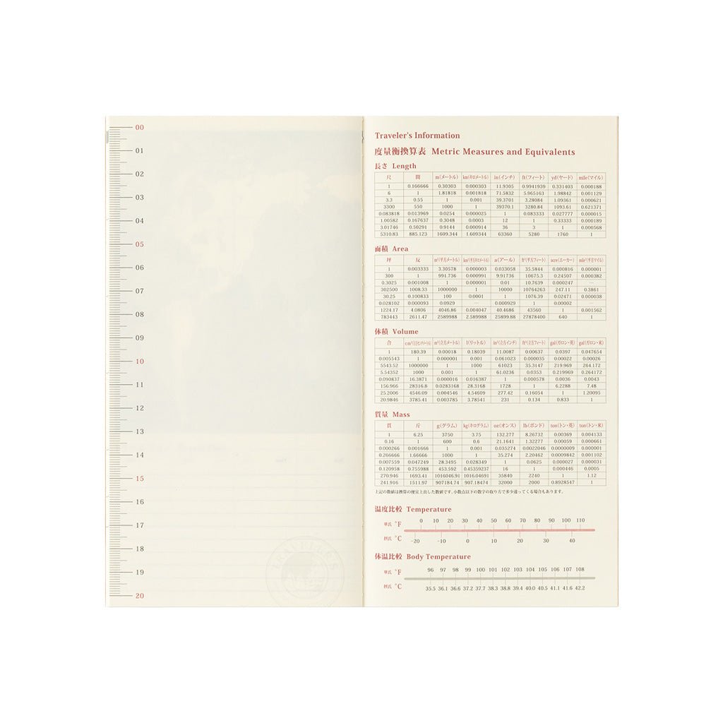 An open Traveler's Notebook refill with traveler's information sheet on white background