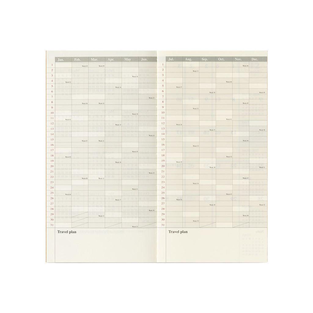 An open Traveler's Notebook refill with yearly index on white background