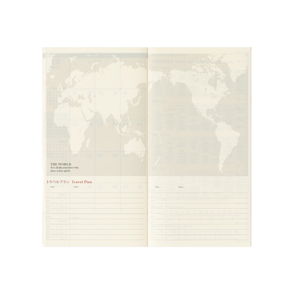 An open Traveler's Notebook refill with map and travel plan section on white background