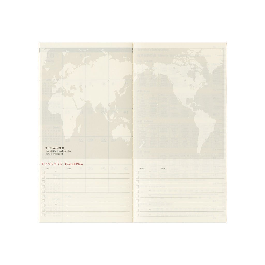 An open Traveler's Notebook refill with map and travel plan section on white background