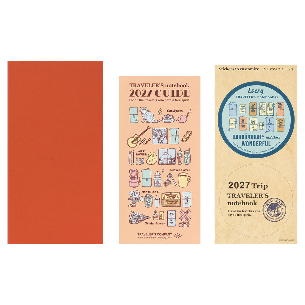 Red Traveler's Notebook refill with 2027 guide sheets on white background