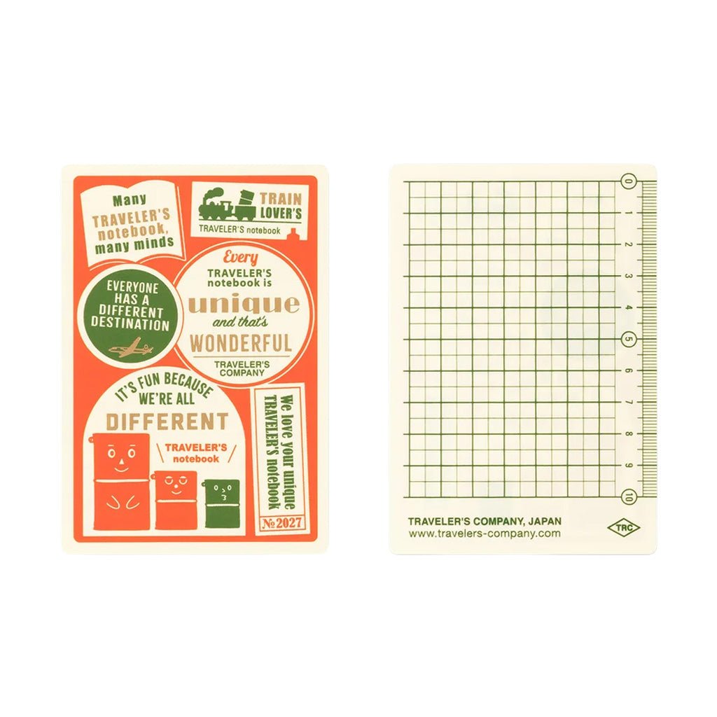 Front and back of Traveler's Passport Notebook plastic sheet board with colorful designs for 2027 diary theme and gridded back on white background