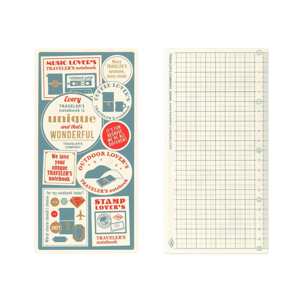 Front and back of Traveler's Notebook plastic sheet board with colorful designs for 2027 diary theme and gridded back on white background
