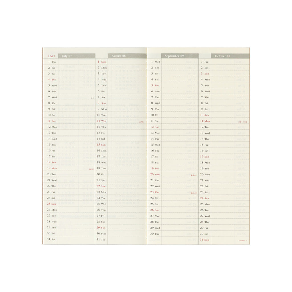 An open weekly planner with grid layouts for July through October.