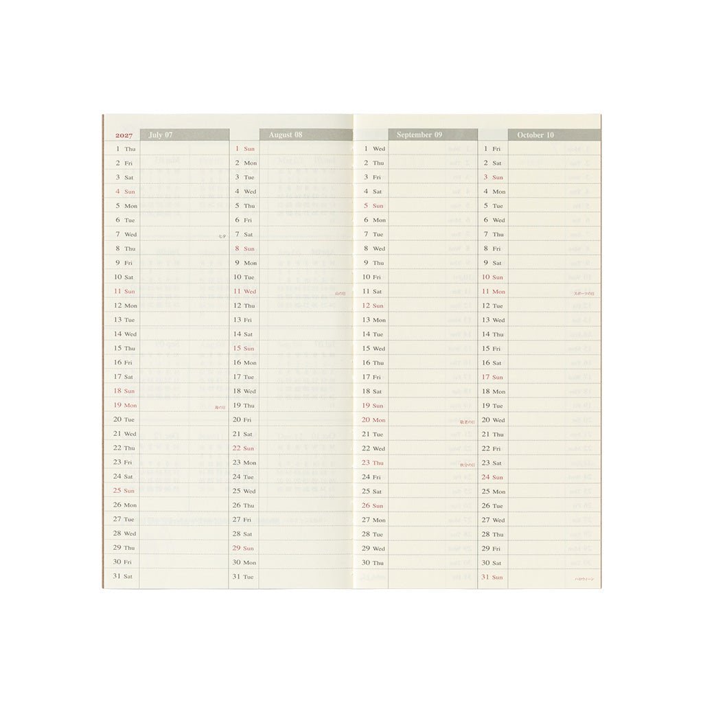 An open weekly planner with grid layouts for July through October.