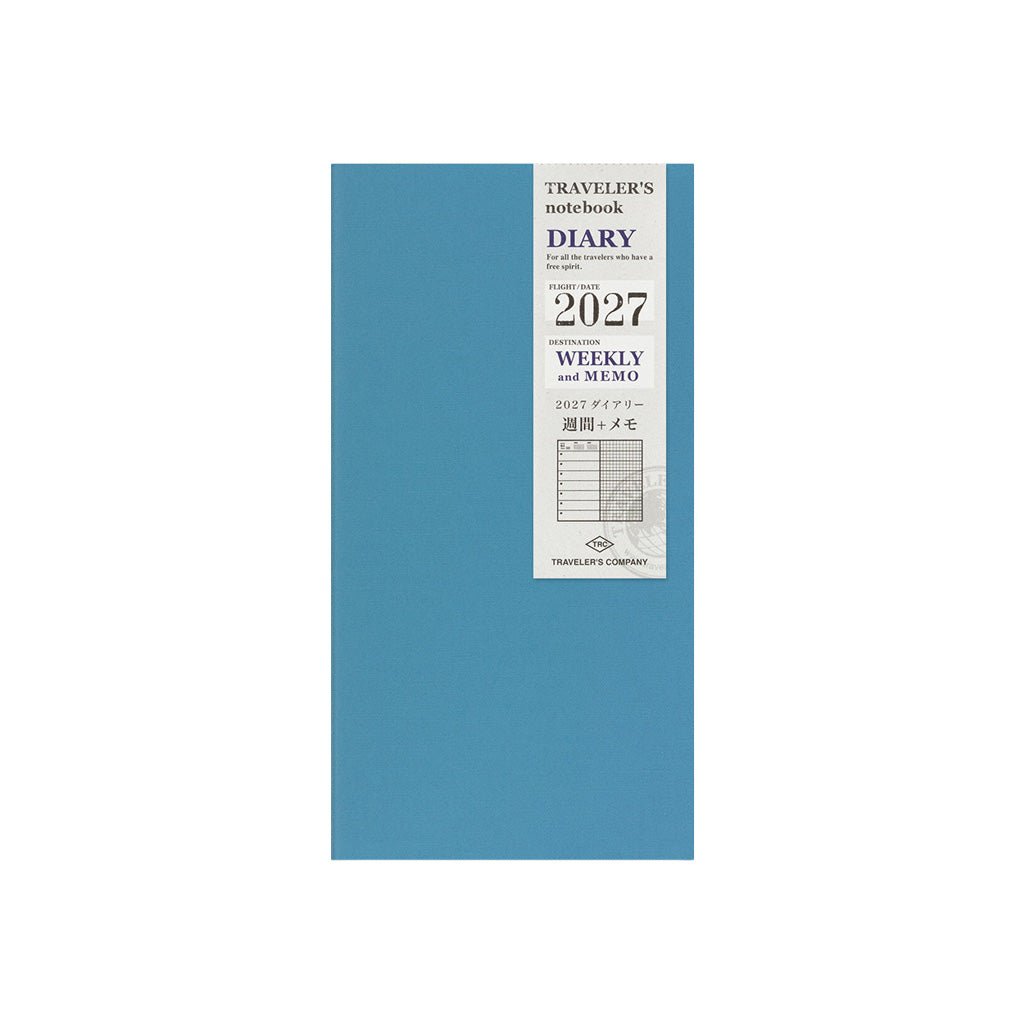 A blue Traveler's Notebook 2027 Diary Weekly and Memo refill on white background