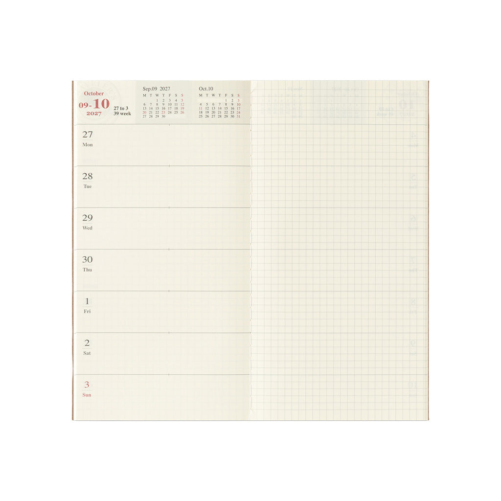 An open planner showing a weekly layout with columns for Monday through Sunday, a small monthly calendar at the top, and light grid paper on the right side.