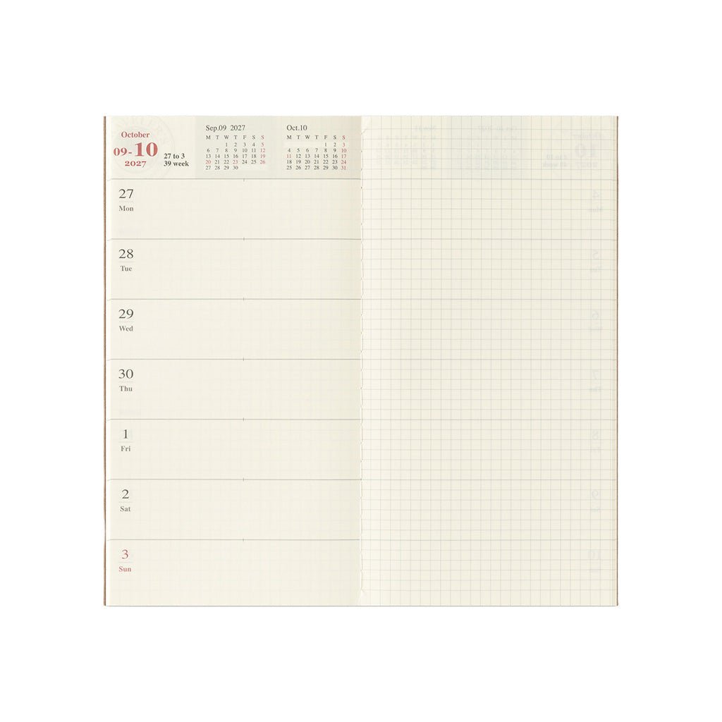 An open planner showing a weekly layout with columns for Monday through Sunday, a small monthly calendar at the top, and light grid paper on the right side.
