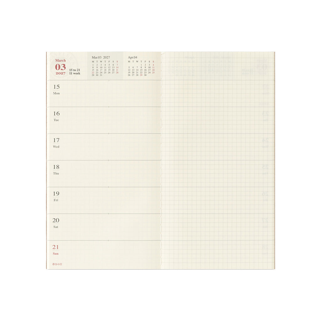 An open weekly planner spread with a cream-colored grid layout, featuring a calendar header at the top left and daily time slots from Monday to Sunday on the left side.