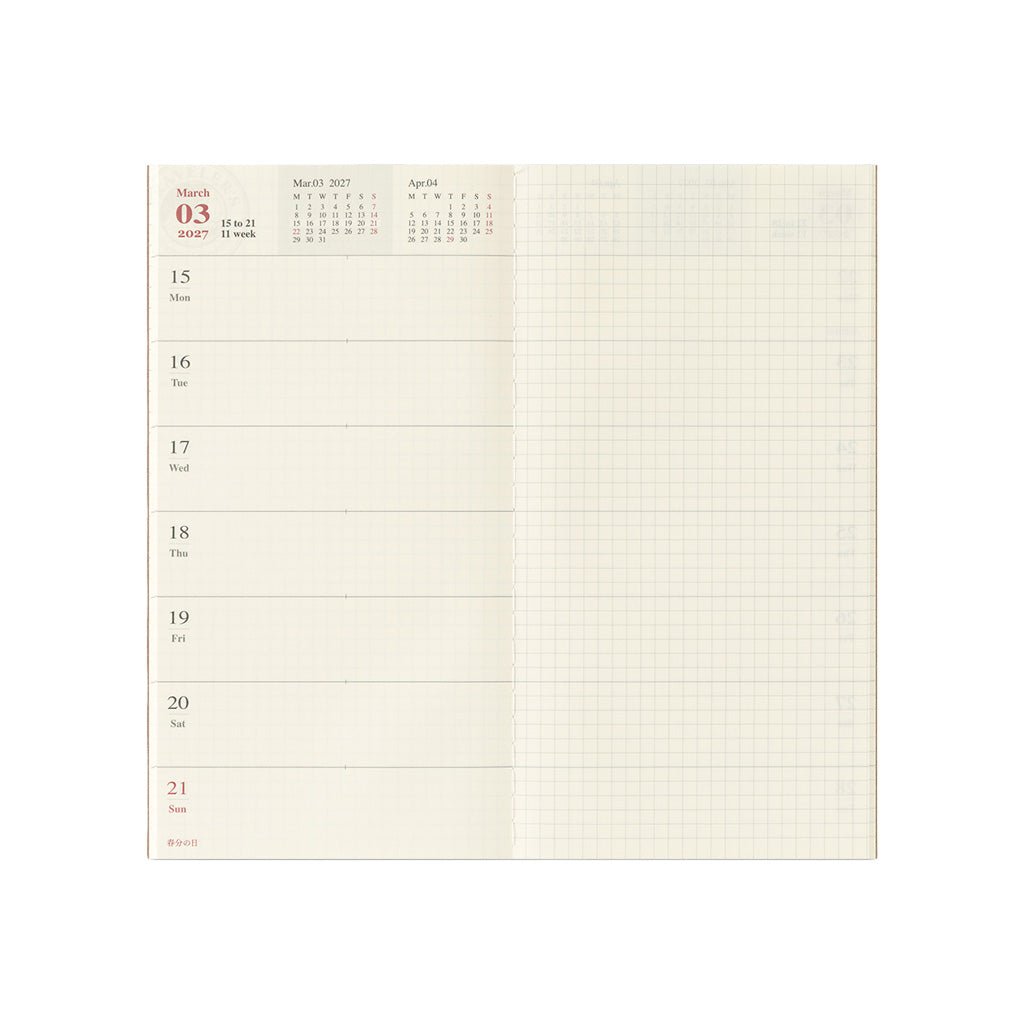 An open weekly planner spread with a cream-colored grid layout, featuring a calendar header at the top left and daily time slots from Monday to Sunday on the left side.