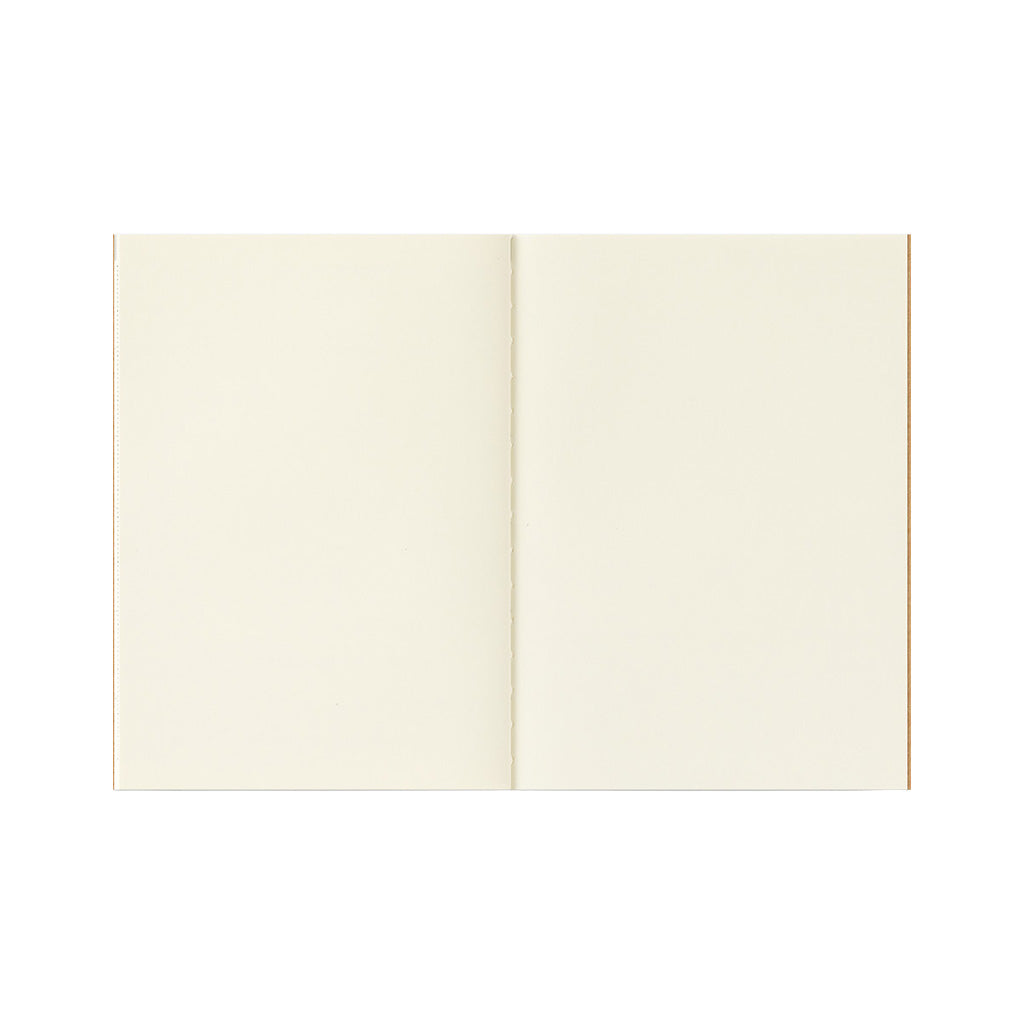An open notebook with blank, warm cream-colored pages, shown against a solid white background.