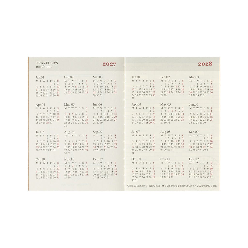 A two-page calendar spread showing January 2027 through December 2028.