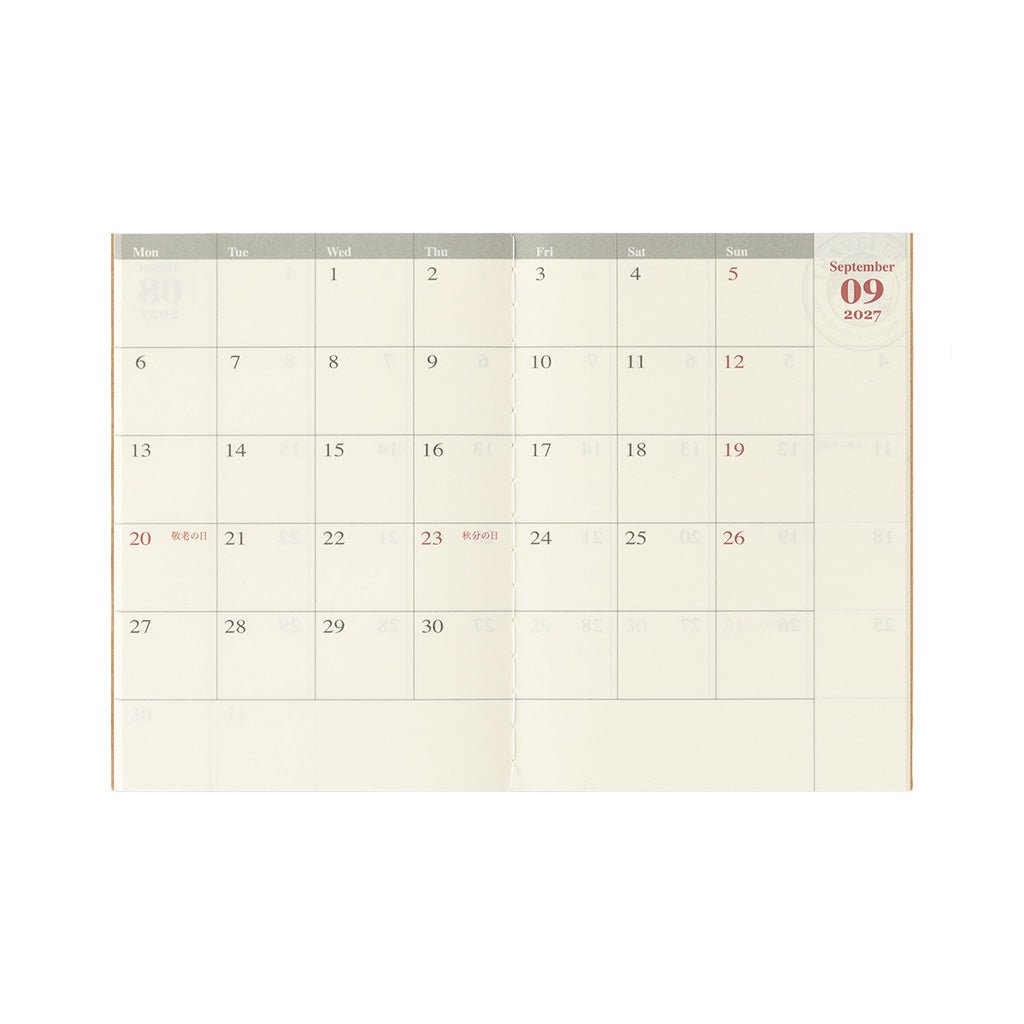 A monthly calendar spread for September 2027 with grid layout.