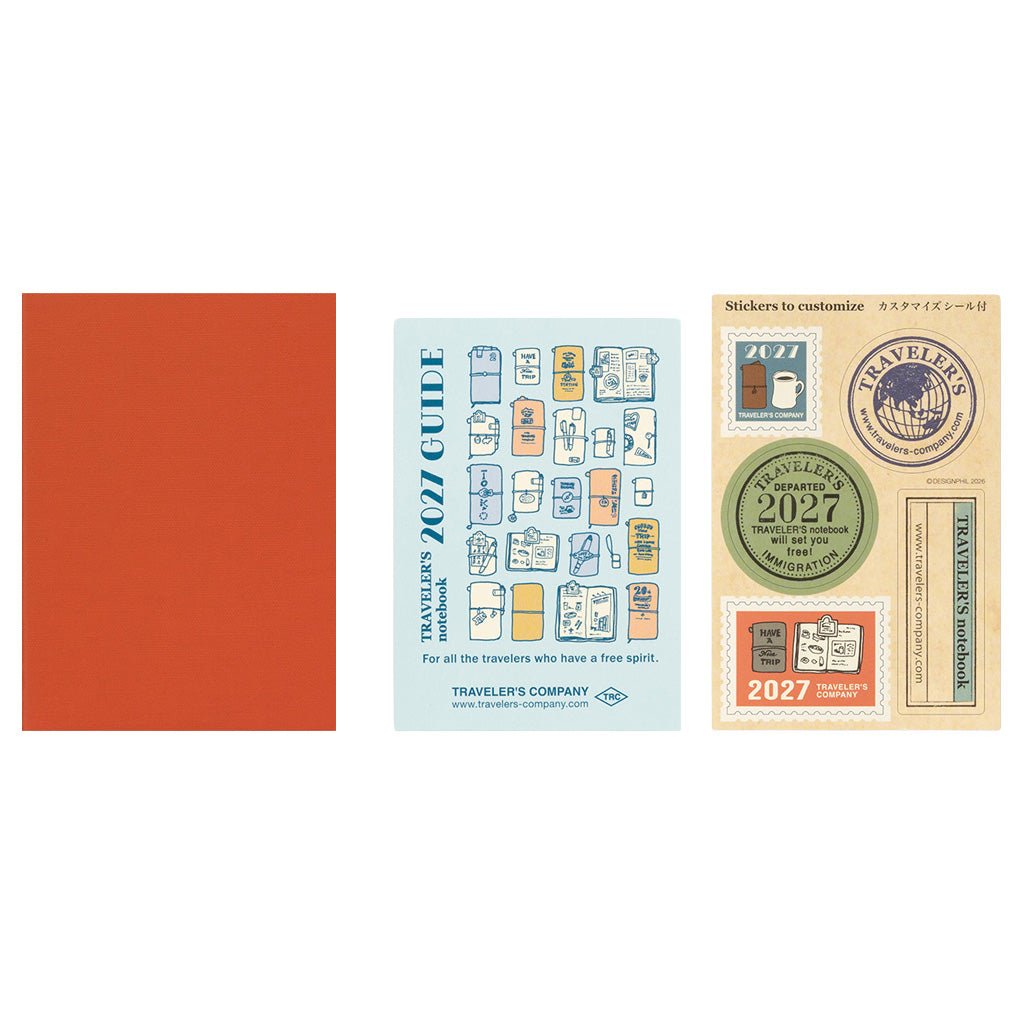 A red Traveler's Passport Notebook refill next to 2027 Diary guide on white background
