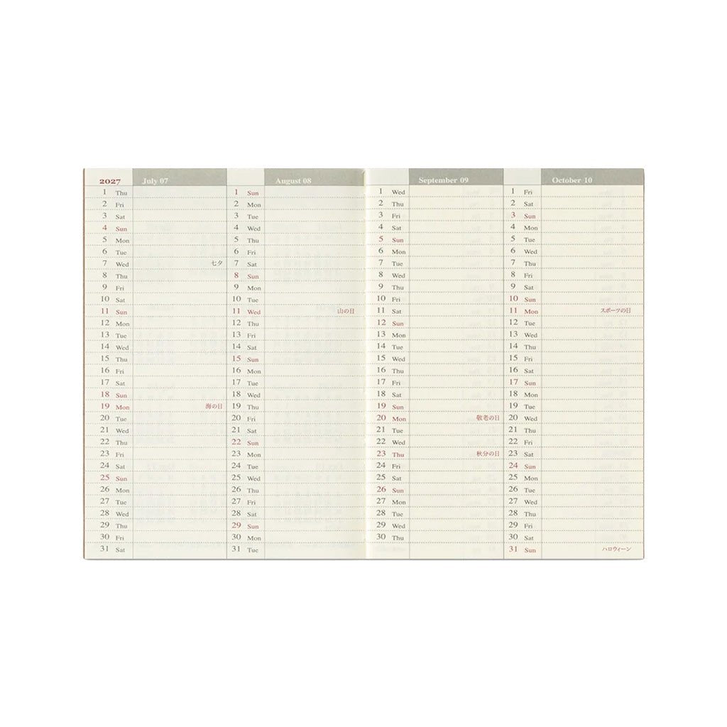 Open Passport planner with vertical columns for months of July through October of 2027.