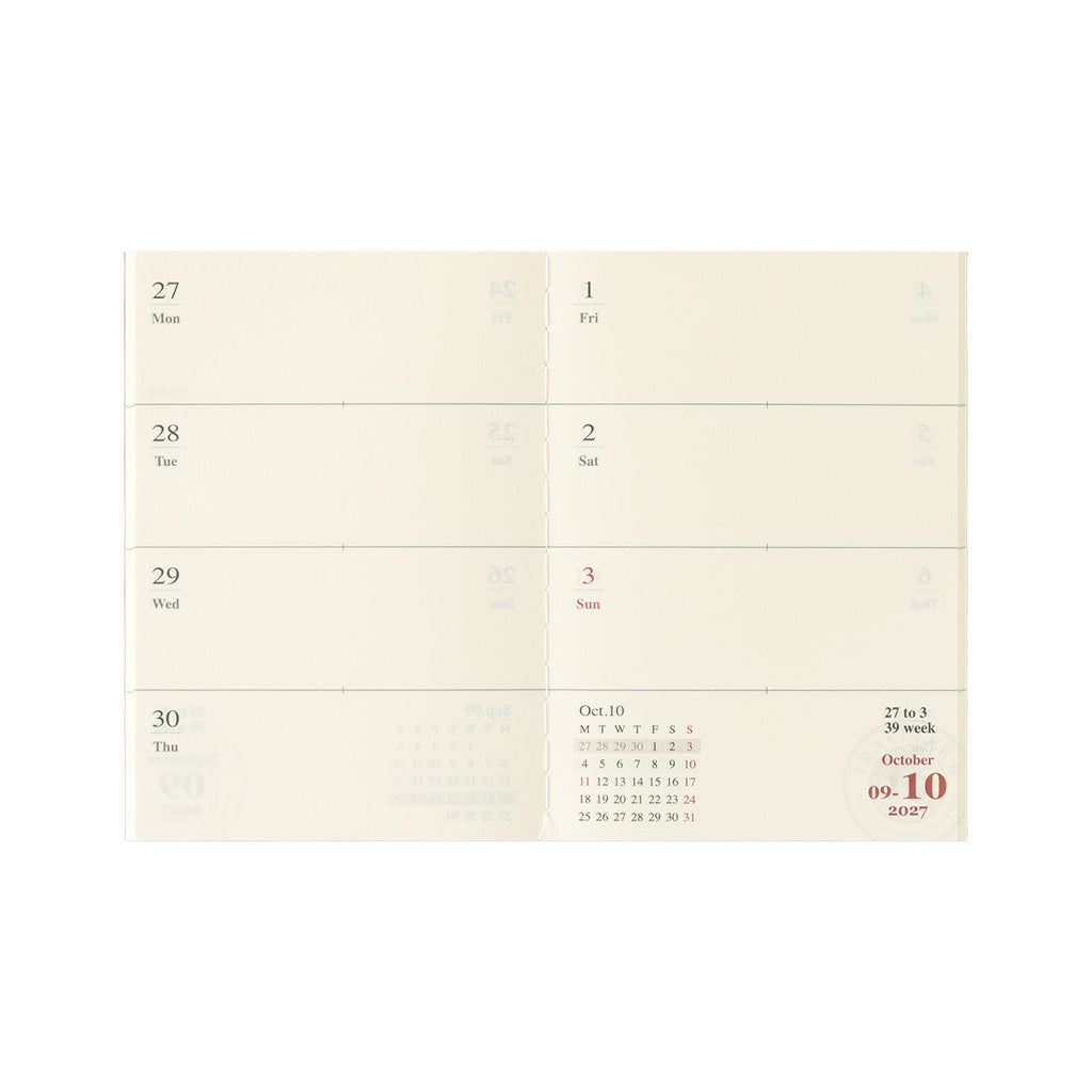 An open two-page planner spread showing a minimalist cream-colored calendar layout with dates, week of the month, and a small October 2027 calendar detail on the lower right.