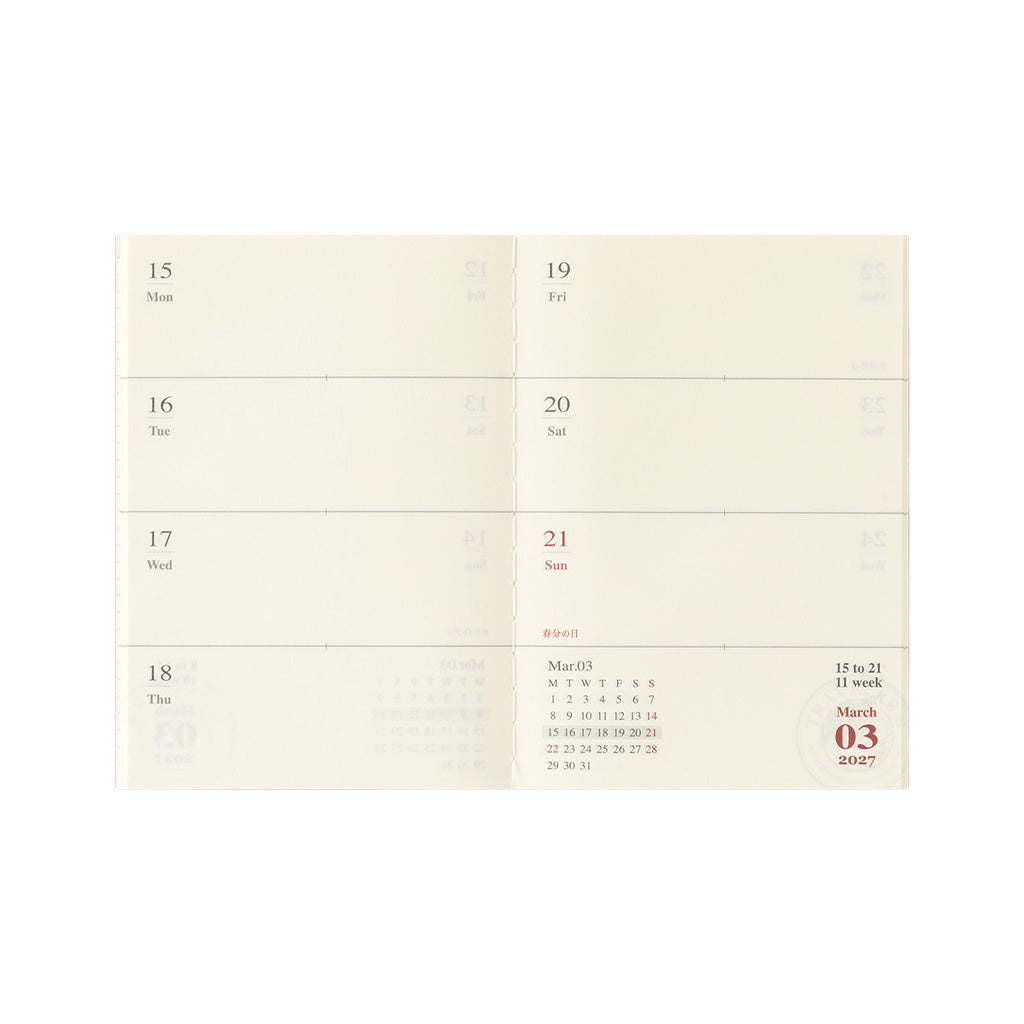 A cream-colored weekly planner page with blocks for each day of the week.