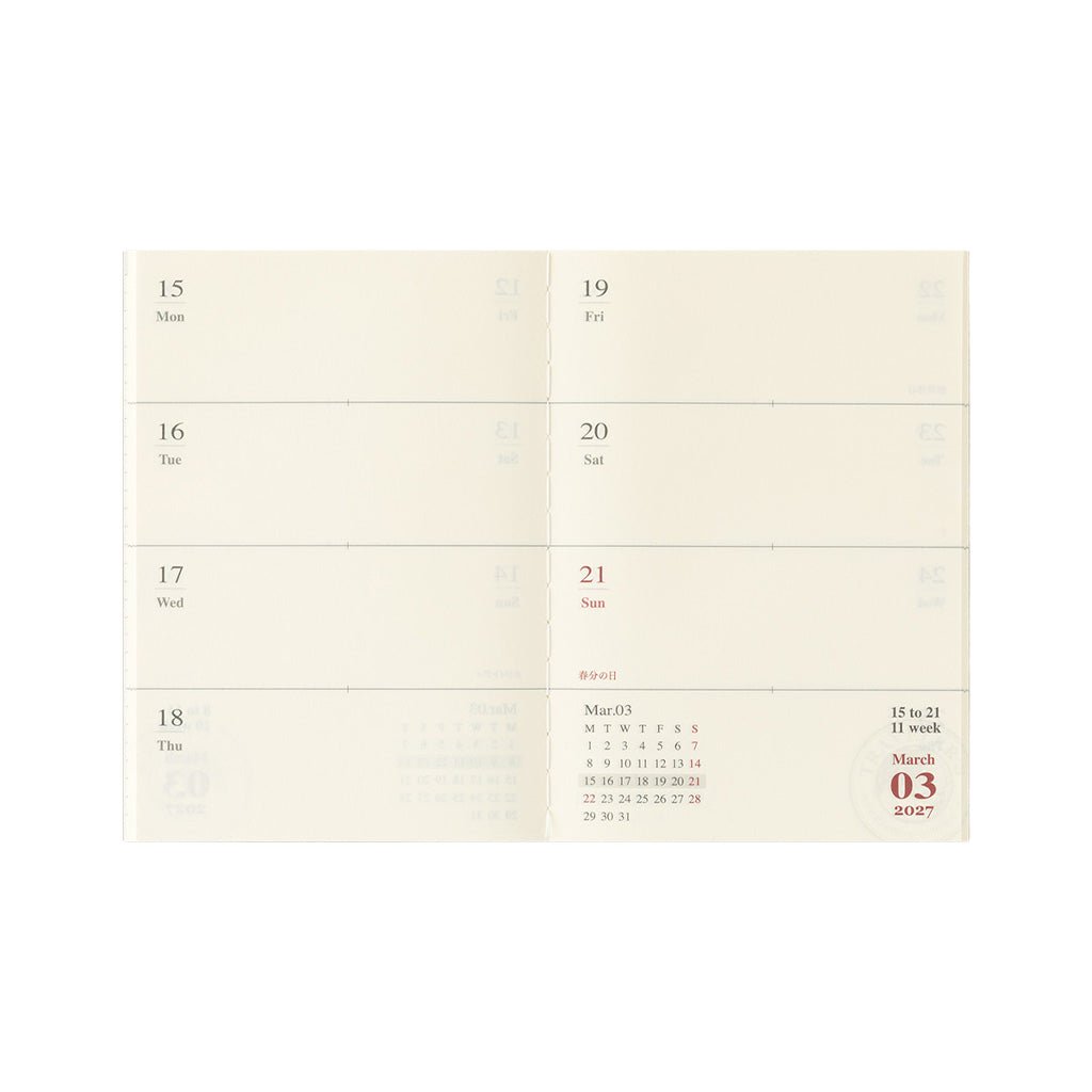 A cream-colored weekly planner page with blocks for each day of the week.