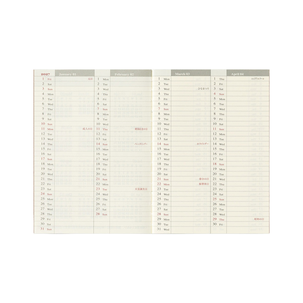 An open planner with columns for January through April of 2027.